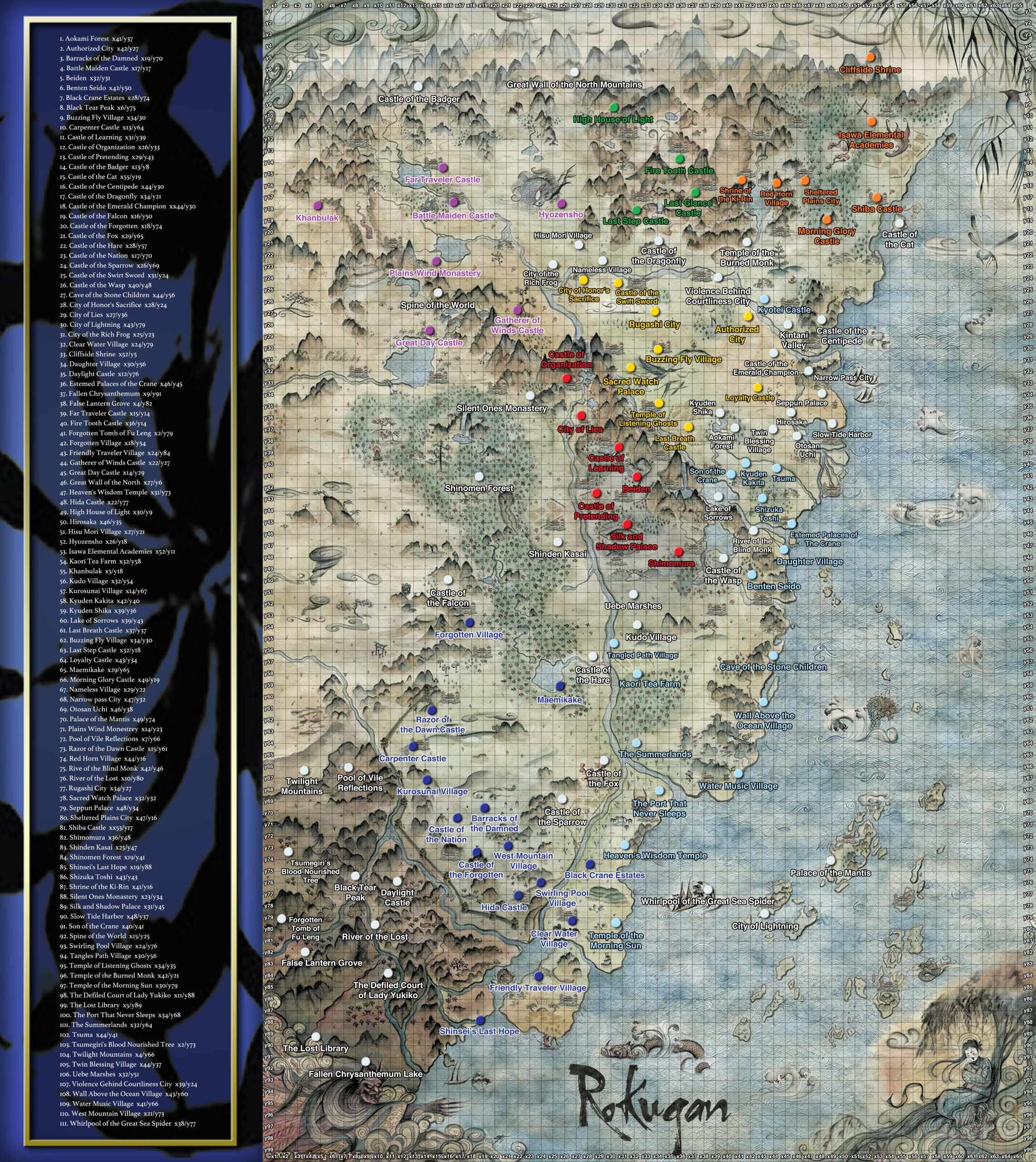 Mapa completo de Rokugan con ciudades, castillos, templos y regiones